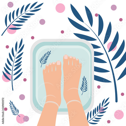 Top view of female feet in bath for cleansing. Spa procedure, pedicure. Nice atmosphere with plant leaves. Vector illustration