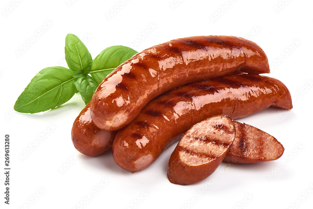 Grilled bratwurst Pork Sausages with basil leaves, close-up, isolated on white background - obrazy, fototapety, plakaty 