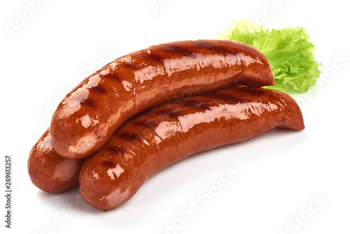 Grilled bratwurst Pork Sausages with lettuce, close-up, isolated on white background