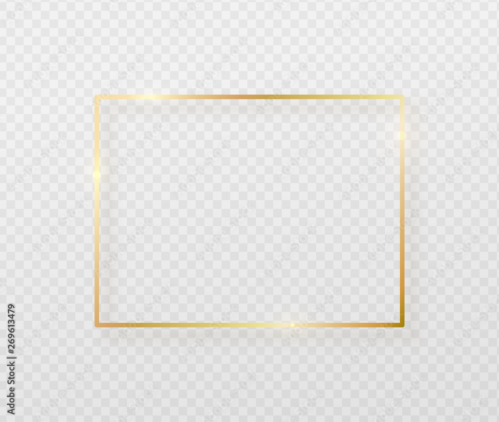 Golden border frame with light shadow and light affects. Gold decoration in minimal style. Graphic metal foil element in geometric thin line rectangle shape Golden border frame with light shadow and light affects. Gold decoration in minimal style. Graphic metal foil element in geometric thin line rectangle shape