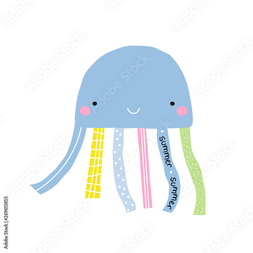 Cute little jellyfish or octopus. Summer kids graphic. Vector hand drawn illustration.
