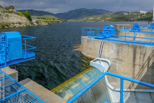 Bilde på lerret View from the sluice gate at Germasogeia dam looking towards the reservoir and mountains