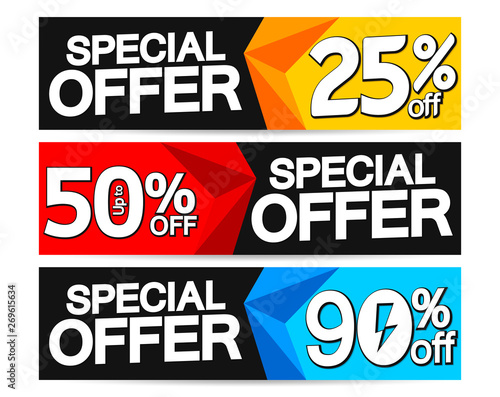 Special Offer, set sale web banners design template, 25% 50% 90% off, vector illustration