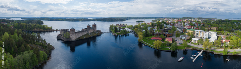 Aerial panorama of Savonlinna city at summer. Beautiful olavinlinna medieval castle. Finland. 