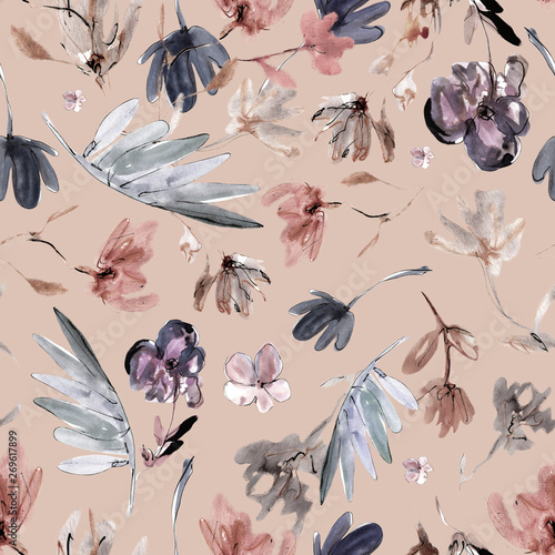 Seamless abstract watercolor floral pattern. Hand drawing ink. Fashionable floral design. Background for textile, paper and other print and web projects.