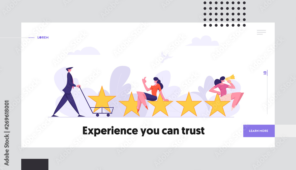 Consumer Feedback Concept Landing Page with Characters Giving 5 Stars Satisfaction Level. Rating System Customer Review People Comment Web Banner. Vector flat cartoon illustration