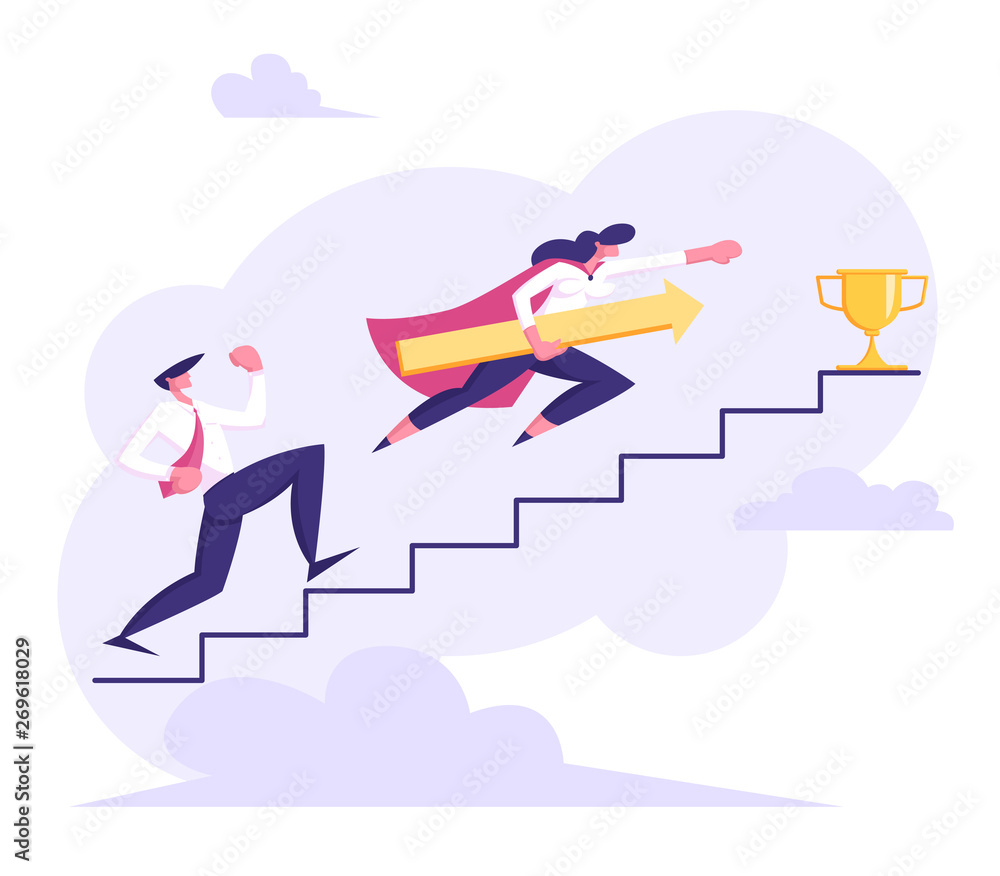 Fototapeta premium Business People Climbing Stairs to Success. Man and Woman Characters Running to the Victory. Business Competition, Goal Achievement Concept. Vector flat cartoon illustration