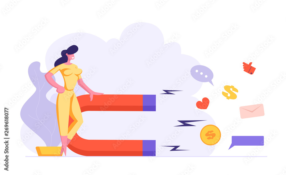 Online Social Media Marketing Concept with Happy Woman Character Attract Likes, Hearts and Comments with Big Magnet. Vector flat illustration