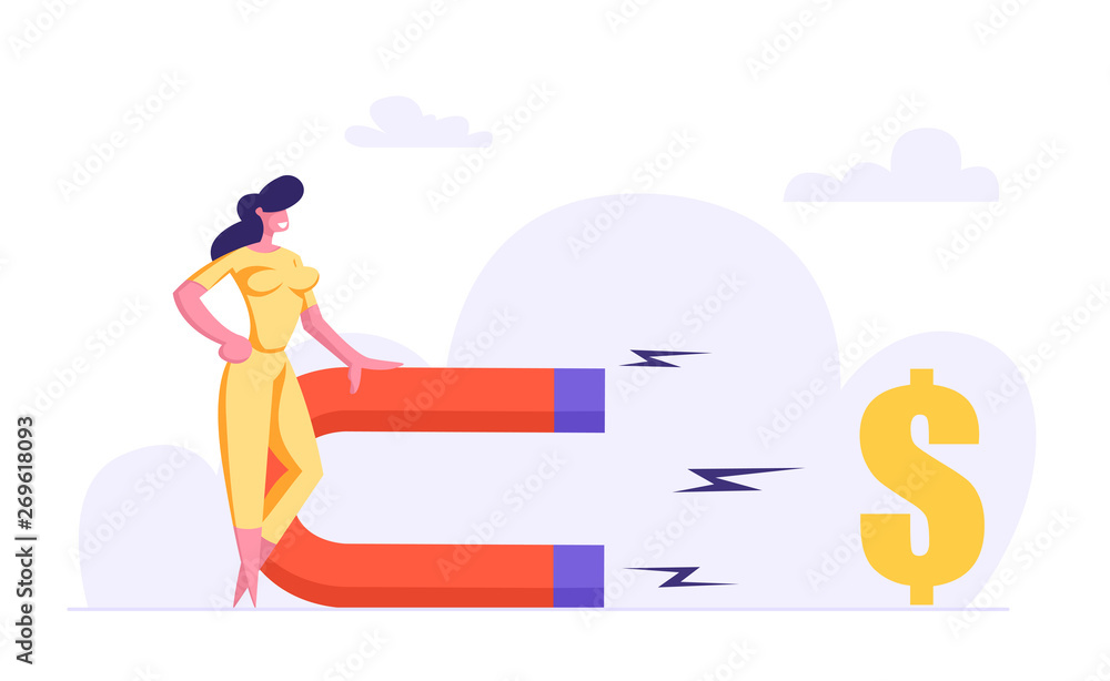 Obraz premium Successful Woman with Big Magnet Attract Money. Business Solution Strategy with Businesswoman Attracting Investments Concept. Vector flat illustration