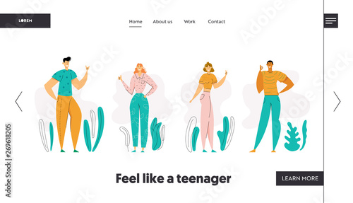 Happy Man Showing Gesture Rock and Okay Landing Page. Girl Gesturing Thumb Up and Victory Sign. Male and Female Characters with Positive Face Expression Web Banner. Vector flat illustration