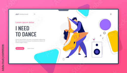 Young Couple Dancing Swing, Tango, Pop Landing Page. Night Club Disco Party with Male and Female Dancer Characters Web Banner. Vector flat cartoon illustration