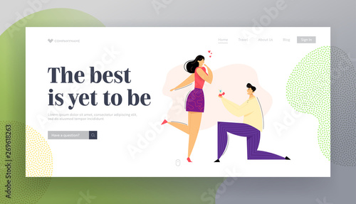 Man Kneeling Offering Engagement Ring to his Girlfriend Landing Page. Young Guy on Knees Proposing Girl to Marry. Marriage Proposal Website Banner Concept. Vector flat illustration
