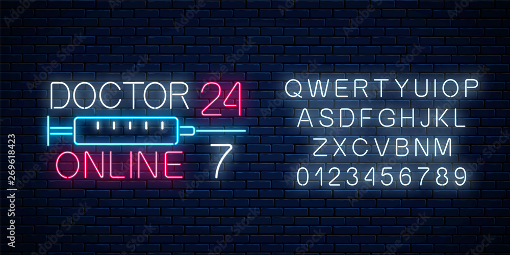 Doctor online glowing neon logo with alphabet. Mobile medicine round the clock 24 7 app. Neon doctors mobile app Doctor online glowing neon logo with alphabet. Mobile medicine round the clock 24 7 app. Neon doctors mobile app