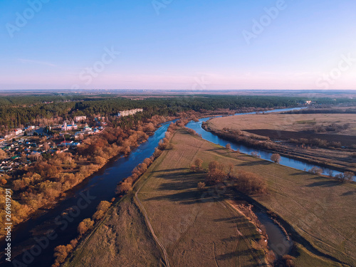 Oka river in spring from the height of the quadcopter