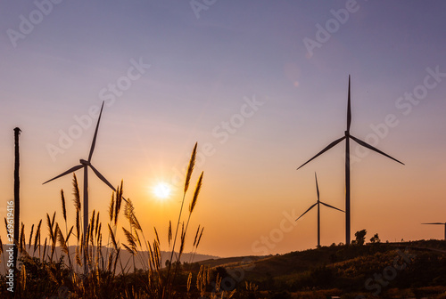 Electricity production with wind turbines Wind turbine pictures produce evening lights