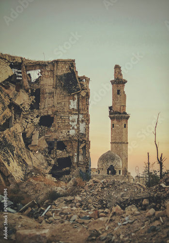 A destroyed mosque in the city of Aleppo in Syria after the war