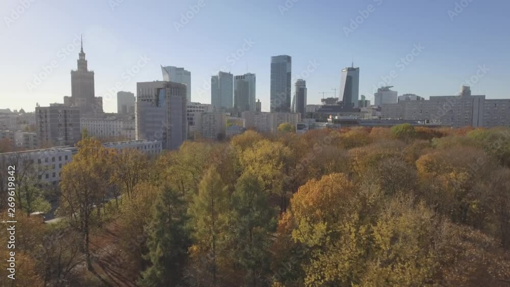 Aerial view of skyscrapers and buildings in business center in Warsaw. City skyline, day light in the winter. Wide shot. Drone shot 4k. Video format RAW. 4K Aerial view of skyscrapers and buildings in business center in Warsaw. City skyline, day light in the winter. Wide shot. Drone shot 4k. Video format RAW. 4K