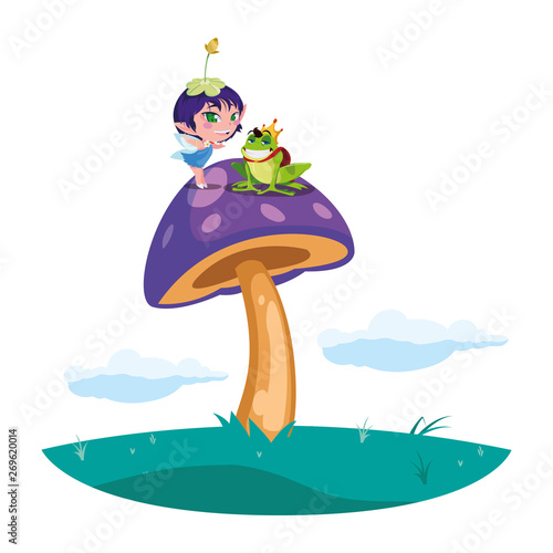 beautiful magic fairy with toad prince in the garden