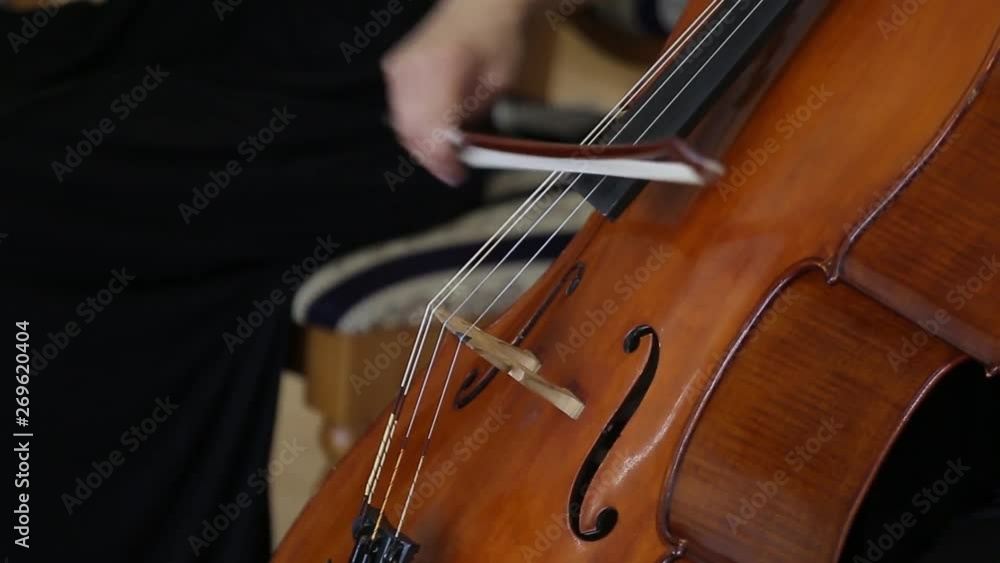 Woman Hand Playing cello With Cello Bow. Close up of female Hand Playing Cello With Cello Bow. Classical Orchestra Musician HD Woman Hand Playing cello With Cello Bow. Close up of female Hand Playing Cello With Cello Bow. Classical Orchestra Musician HD