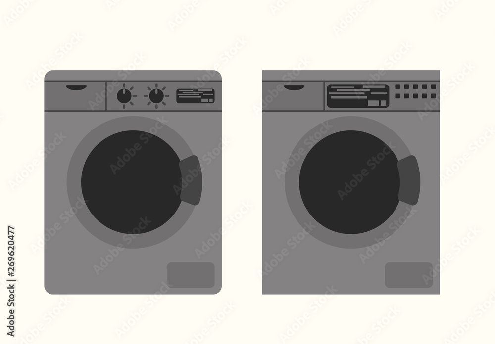 Cartoon picture with two different washing machine, washer, laundry machine. Flat style vector illustration with background. Cartoon picture with two different washing machine, washer, laundry machine. Flat style vector illustration with background.
