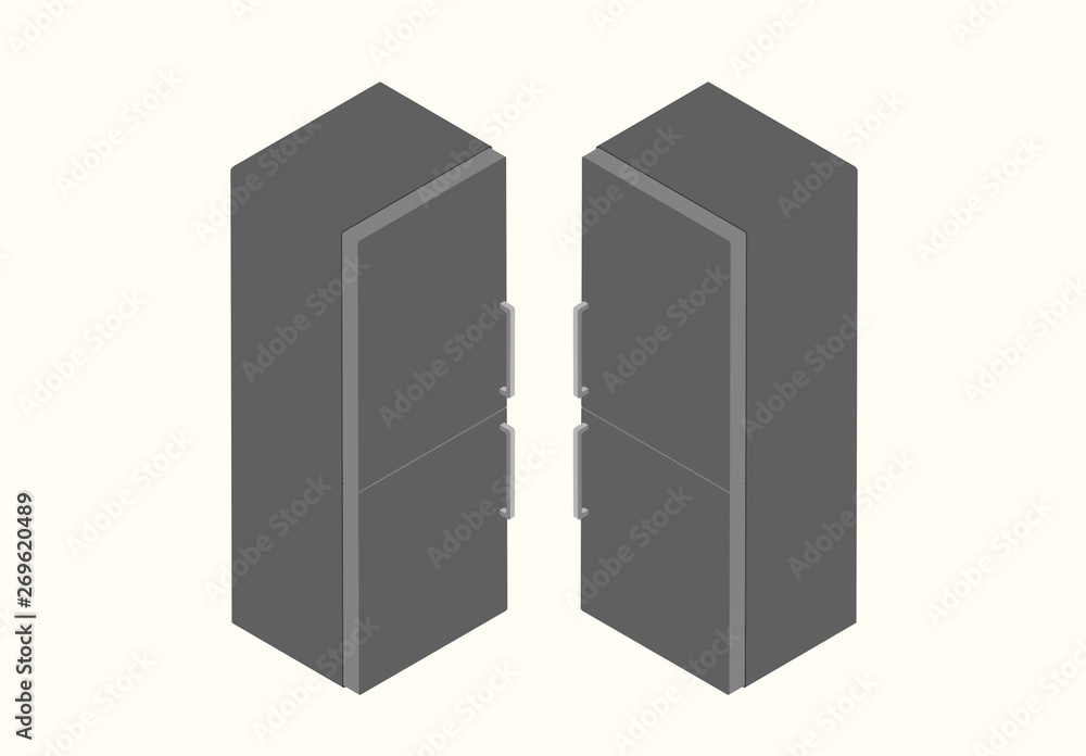 Cartoon picture with fridge, refrigerator, freezer, cooler, icebox. Isometric style vector illustration with background. Cartoon picture with fridge, refrigerator, freezer, cooler, icebox. Isometric style vector illustration with background.