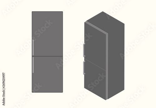 Cartoon picture with fridge, refrigerator, freezer, cooler, icebox. Flat and Isometric style vector illustration with background.