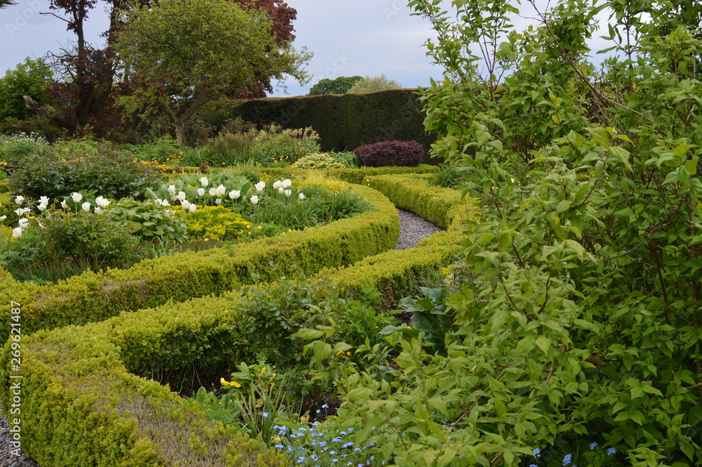 The beautiful formal gardens of Balcarres House, Colinsburgh, Fife, Scotland, May 2019.