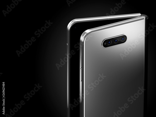 Close-up shot on concept of foldable smartphone folding on the longer side. Flexible smartphone isolated on black background. 3D rendering