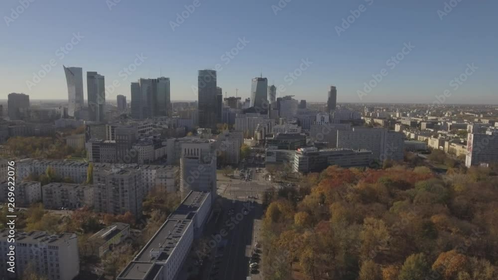 4K. Aerial view of business center with skyscrapers and roads with cars in Warsaw Poland. 4K. Aerial view of business center with skyscrapers and roads with cars in Warsaw Poland.