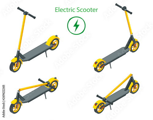 Isometric set of modern electric scooters isolated on white background. Urban transportation. Modern technologies.