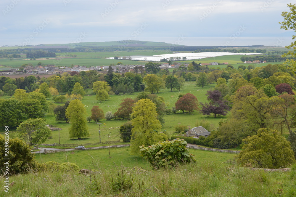 Splendid views across Fife from the crag above Balcarres House and Gardens, Colinsburgh, Fife, Scotland, May 2019.