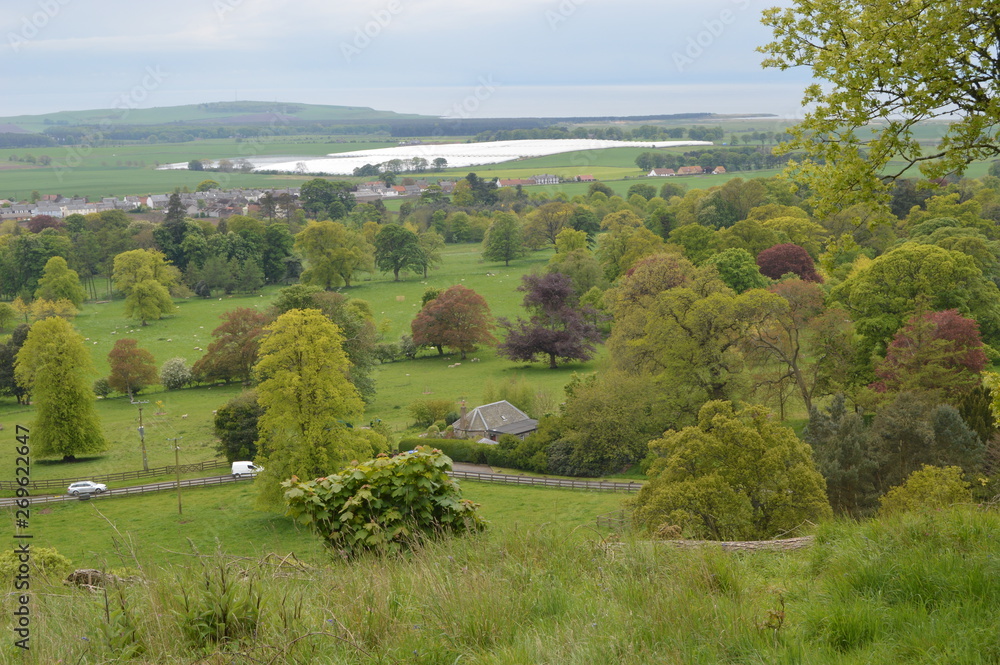 Splendid views across Fife from the crag above Balcarres House and Gardens, Colinsburgh, Fife, Scotland, May 2019.