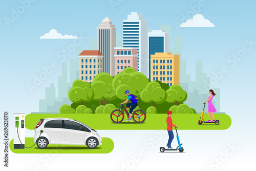 Bycicle Rental. Scooter Rental. Car Rental. City Life with Eco Transportation. Healthy Lifestyle.