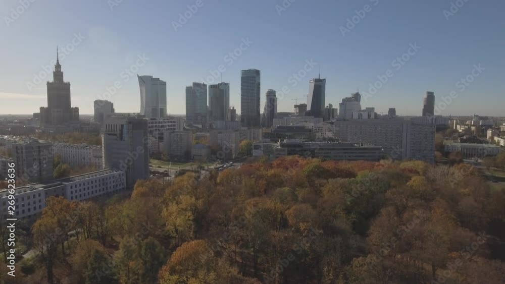 4K. Aerial view of business center with skyscrapers and roads with cars in Warsaw Poland. 4K. Aerial view of business center with skyscrapers and roads with cars in Warsaw Poland.