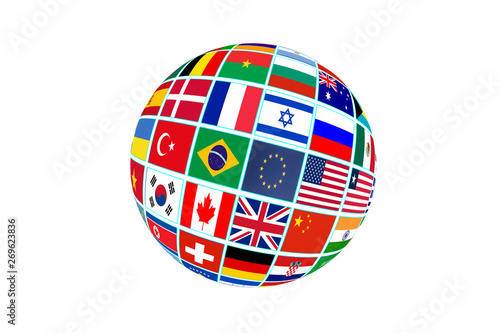 Globe with world flags isolated on white background