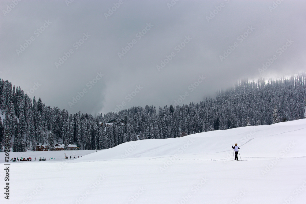 A skier climbing up mountain in Gulmarg during winter. 