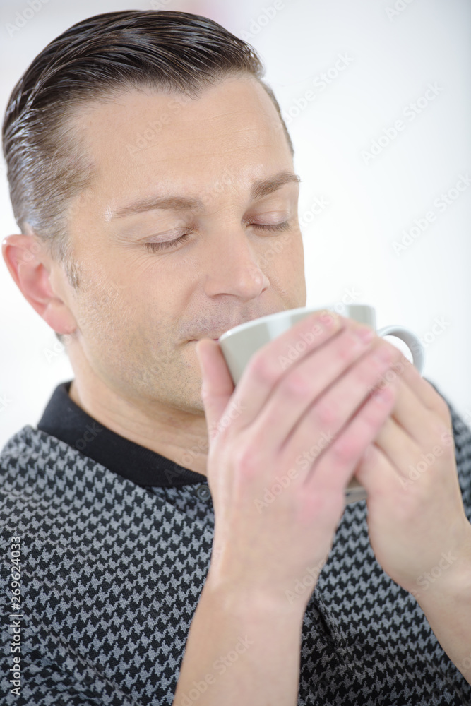 man enjoying of coffee smell man enjoying of coffee smell