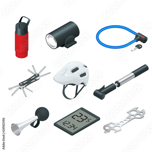 Isometric icons set bicycle with tools accessories for bicycles.