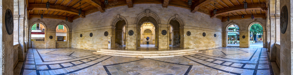 Heraklion, Crete Island / Greece - March 27, 2019: Venetian Loggia building interior panoramic view. It is the building that houses the town hall of Heraklion city today.180 degrees panorama