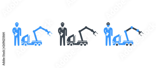 Excavator with engineer icon - flat