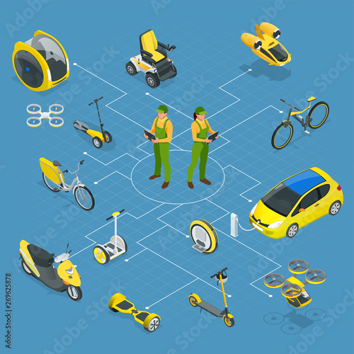 Isometric set of Alternative Eco Transport isolated on a background. Modern bike, electric car with solar panels, electric scooter, gyroscooter, monowheel, electric mini car