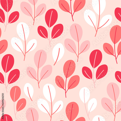Vector seamless pattern on pink color with leaves and branch. Abstract background with floral elements. Natural design.