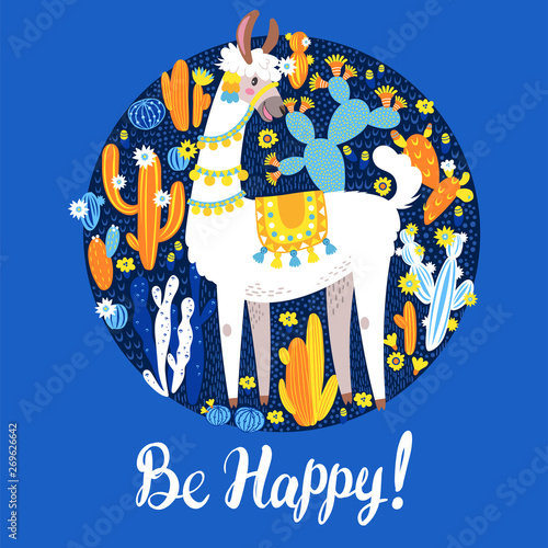 Illustration with llama and cactus plants. Vector seamless pattern on botanical background. Greeting card with Alpaca. Round composition on blue.