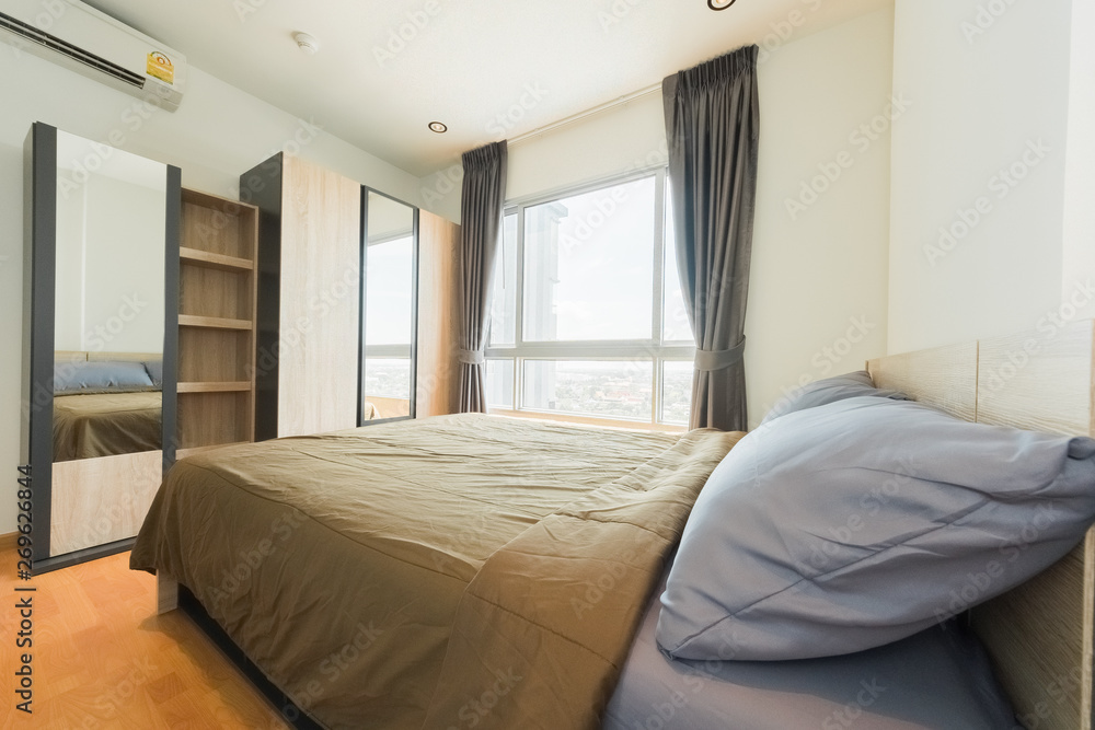 Open spacious bedroom with modern stylish furniture. Open spacious bedroom with modern stylish furniture.