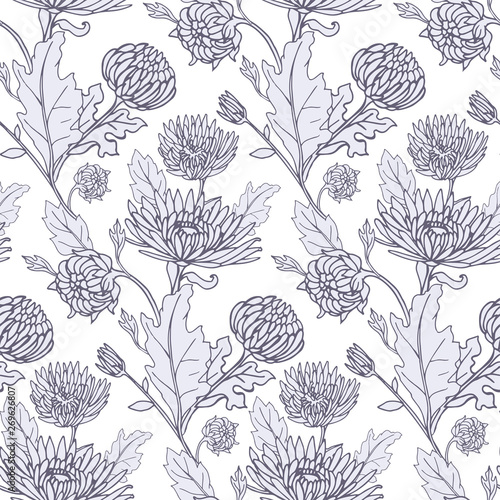 Seamless background with chrysanthemums in sketch style. Beautiful flowers pattern.