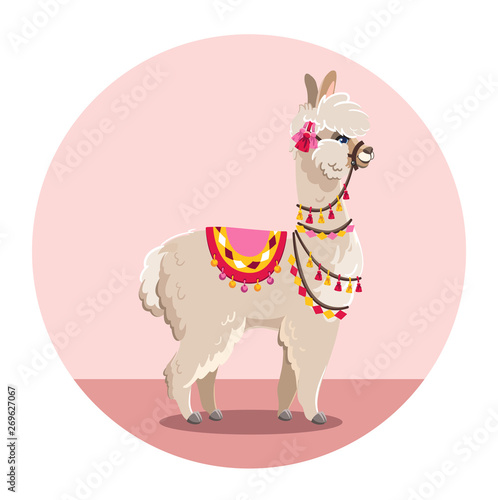 Illustration with llama and cactus plants. Vector seamless pattern on white background. Greeting card with Alpaca.