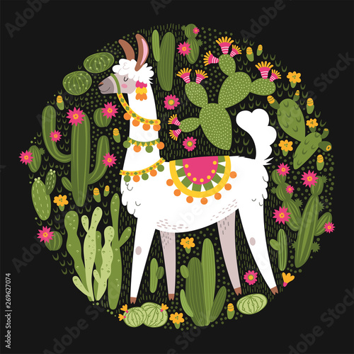 Illustration with llama and cactus plants. Vector seamless pattern on botanical background. Greeting card with Alpaca. Round composition on black.