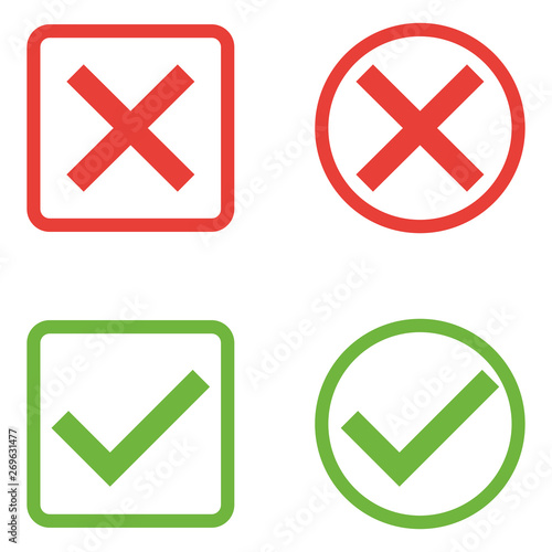 Vector Set of Flat Design Check Marks Icons. Different Variations of Ticks and Crosses Represents Confirmation