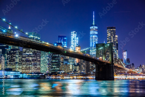 Brooklyn Bridge at Night with Water Reflection, New York City Skyline