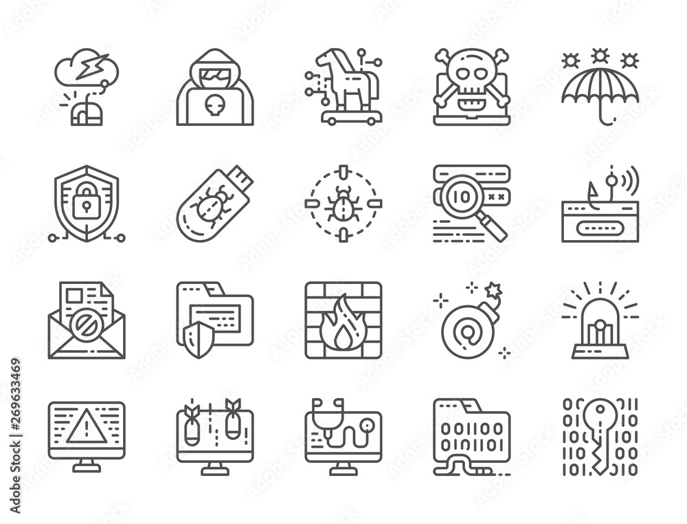 Set of Cyber Security Line Icons. Spy Agent, Trojan Horse, Cryptography and more Set of Cyber Security Line Icons. Spy Agent, Trojan Horse, Cryptography and more